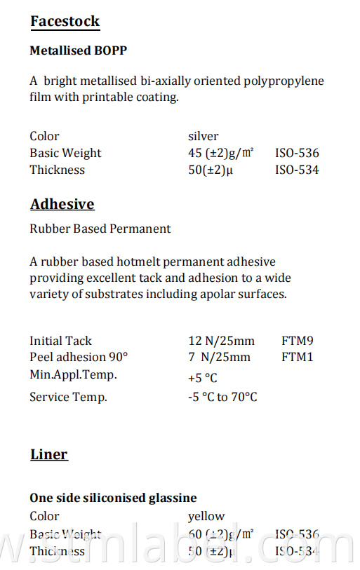 Metallised Bopp Rubber Based Permanent Yellow Glassine